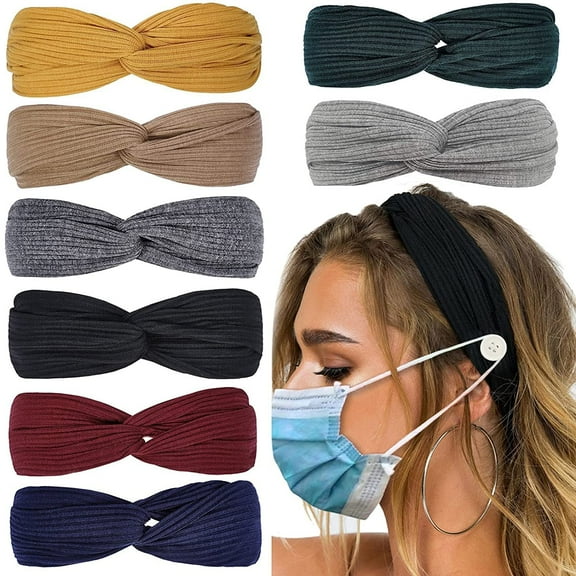 6 Pcs Headbands with Buttons for Mask for Nurses Non Slip Elastic Hair Bands for Women Nurse Medical Headband Knotted Boho Stretchy Criss Cross Turban Headwrap, 6Pcs Random Colors
