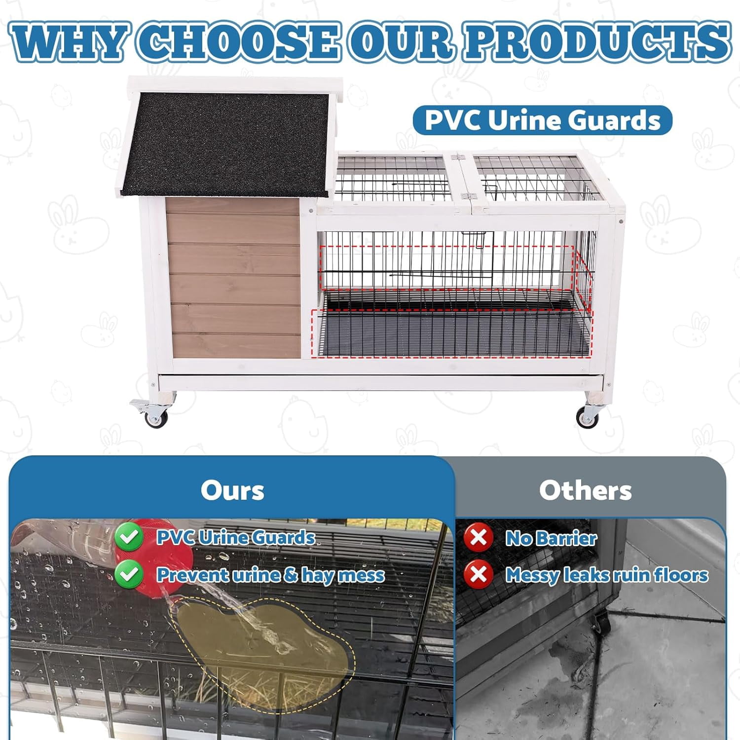 Rabbit Hutch Wooden Bunny Cage Rabbit Cage Outdoor Indoor Bunny Hutch Rabbit House on Wheels Small Animal Cage with 3 Urine Baffles