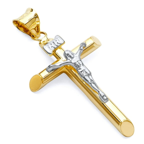 Wellingsale 14K Two 2 Tone White and Yellow Gold Polished Religious Catholic Crucifix Charm Pendant