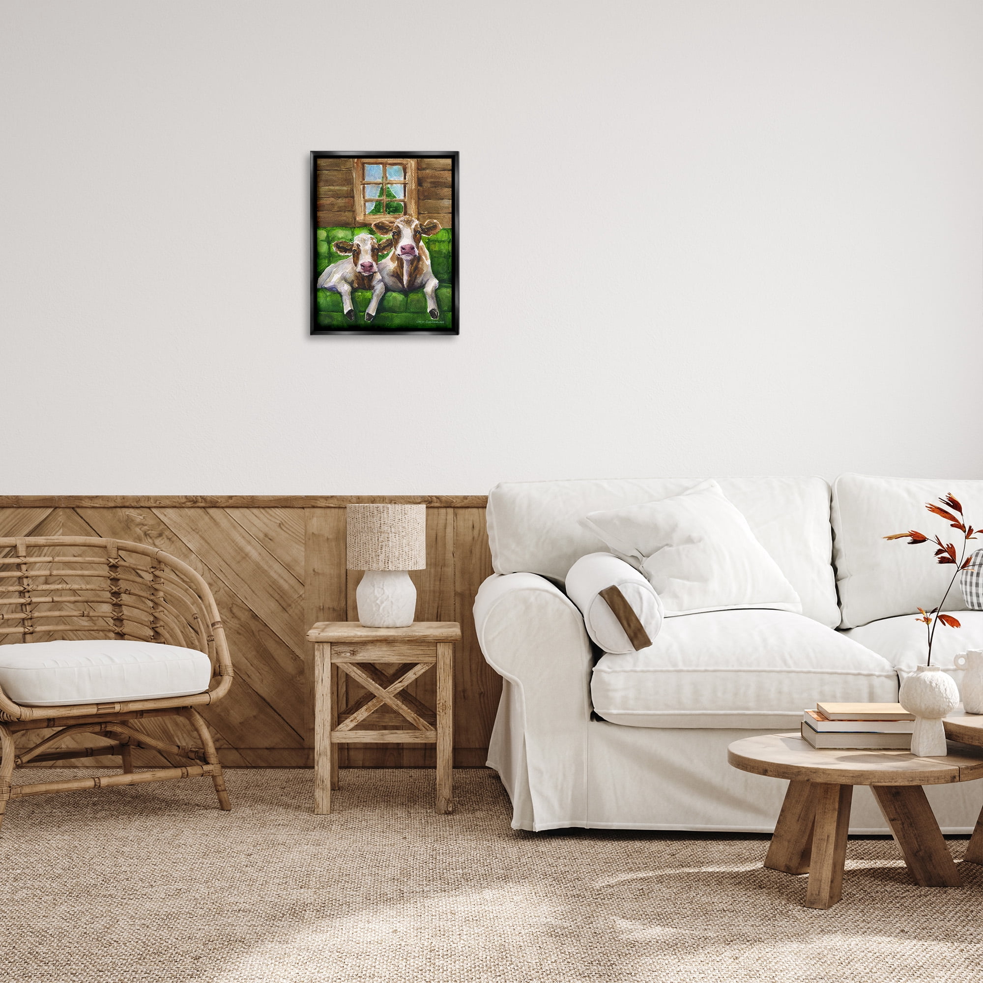 Stupell Industries Cows in Barn Cabin Animals & Insects Painting Black Floater Framed Canvas Art Print Wall Art, 17 x 21