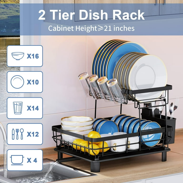 2-Tier Dish Drying Rack with Drip Tray Dish Rack for Kitchen Counter with  Utensil Holder