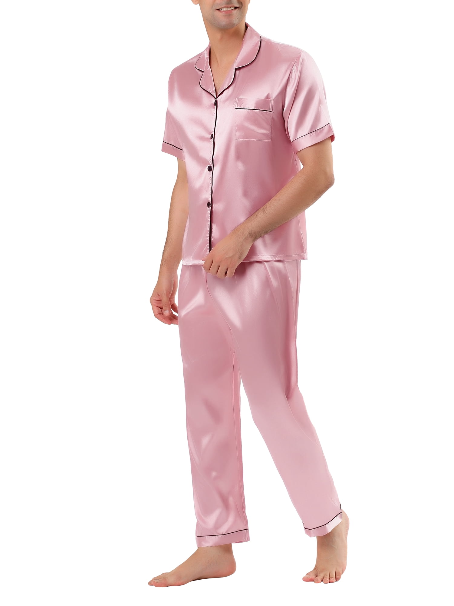 Unique Bargains Men's Button Down Satin Pajama Sets Short Sleeves Nightwear Large Pink