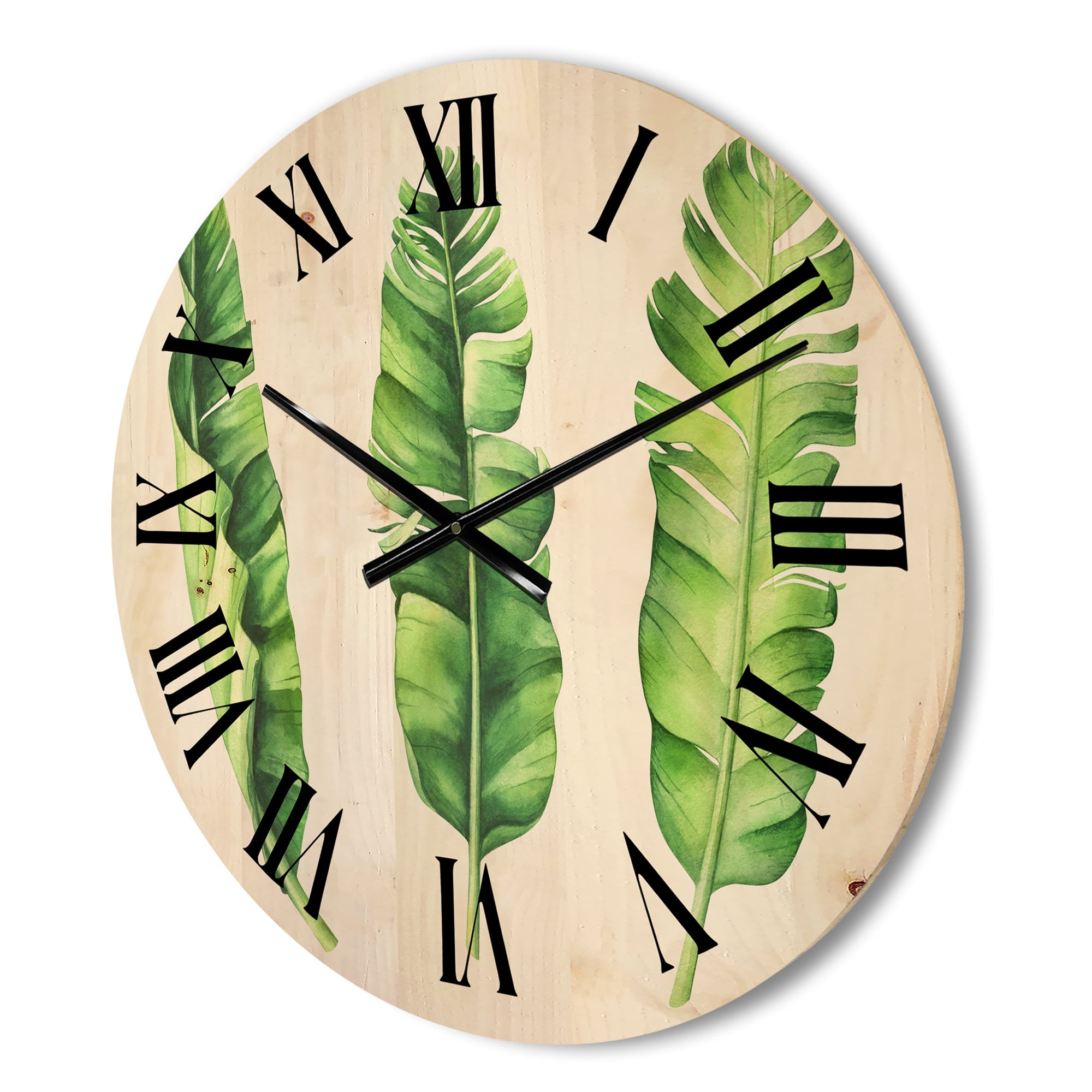 Designart 'Tropical Banana Leaves Set On White' Farmhouse Wood Wall Clock