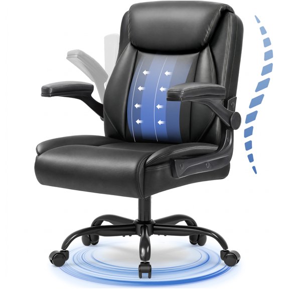 CELTOSS Executive Office Chair, Big and Tall Ergonomic PU Leather Mid-Back Computer Desk Chair with Wide Seat, Padded Flip-Up Armrests, Heavy Duty, Jet Black