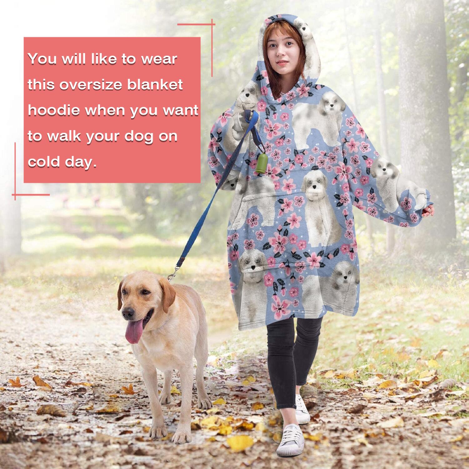 Bichon Dog Purple Florals Wearable Oversized Blanket,Wearable Blanket Hoodie for Adults,Cozy Hooded Blankets with Super Pockets,Super Warm Fuzzy Pullover for Women & Men