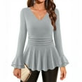 thumbnail image 2 of Elegant Glitter Tops Women Ruffled Long Sleeve V Neck Fitted Dressy Blouse Pleated Shiny Party New Year Eve Shirt (M, Gray), 2 of 8