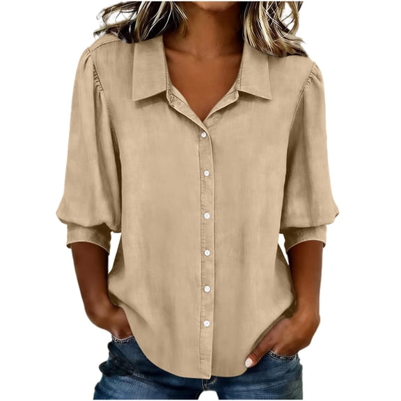 KyCheLot Women's Button down Shirts Fall 3/4 Sleeve Lapel Neck Solid Color Shirts Casual Comfy Business Shirts