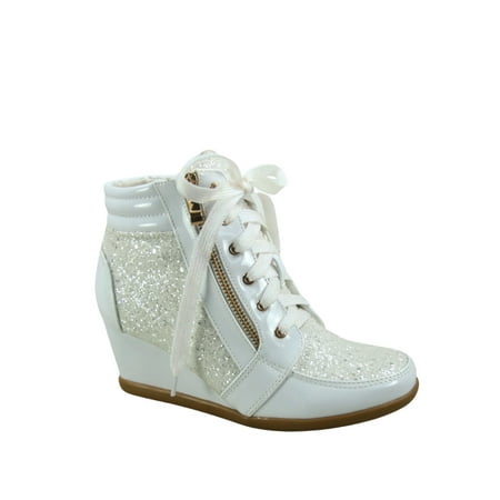 

Peggy-44 Women s Glitter Metallic Lace Up Low Top Low Wedge Fashion Sneaker Shoes ( White 8.5)