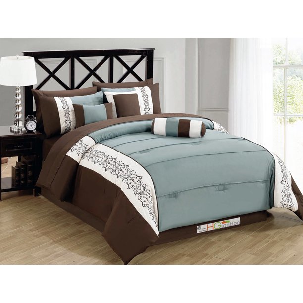 7Pc Pintuck Scroll Floral Embroidery Comforter Set Brown Beige Teal