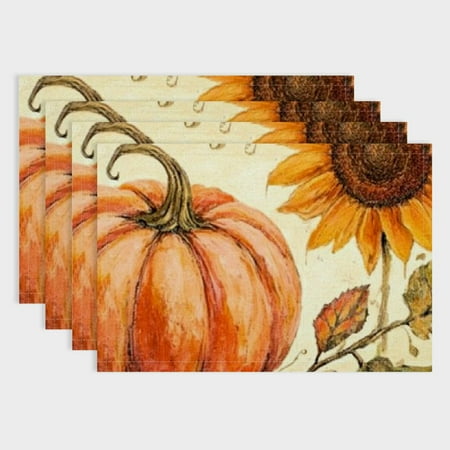 

Pratyus Harvest Pumpkin Sunflower Linen Cloth Placemats Set of 4 for Birthday Parties Christmas Restaurants Buffets Home Decoration 18x12in