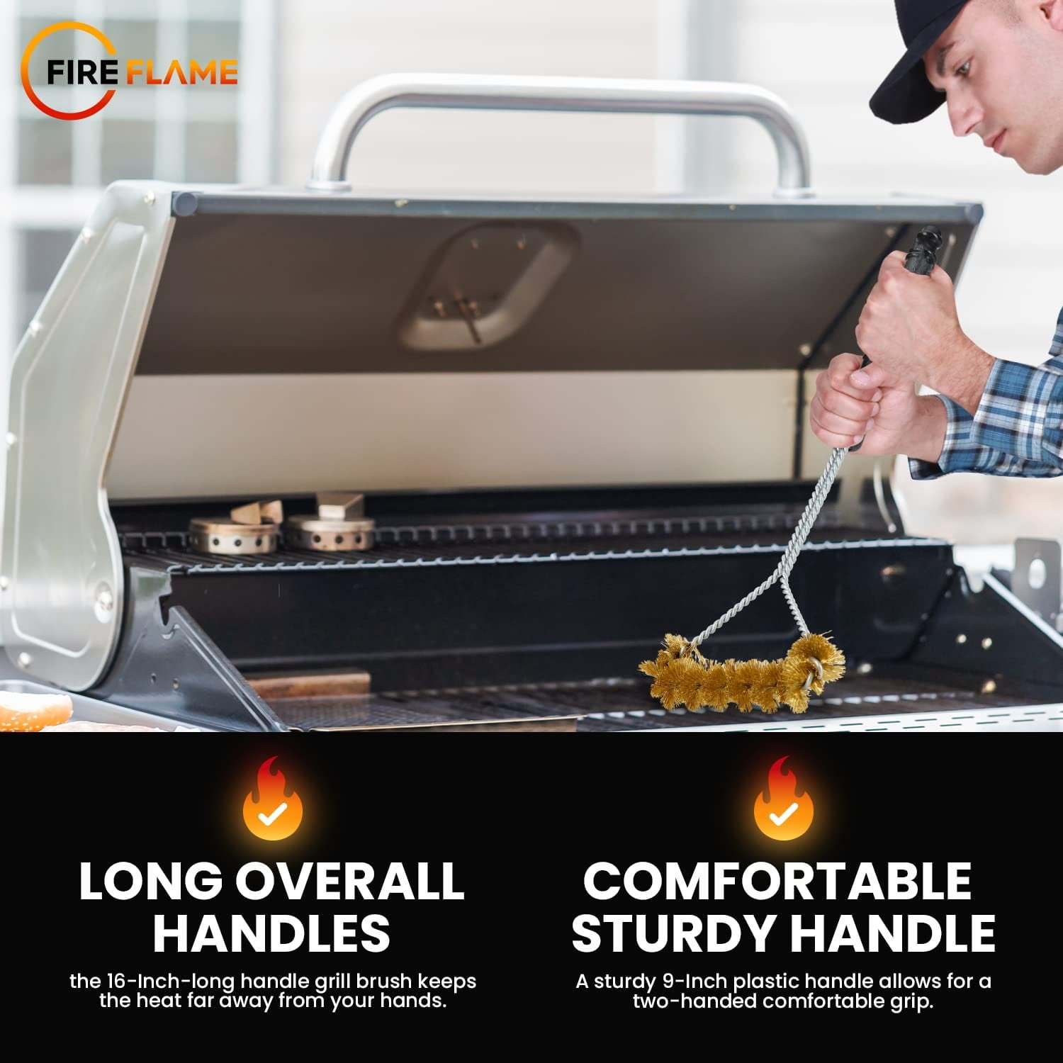 Fireflame BBQ Grill Brush  Non-Scratch Brass Bristles - 16-Inch Long Handle Barbecue Grill Cleaning Brush - Wide-Faced Spiral Heavy-Duty  Made in The USA