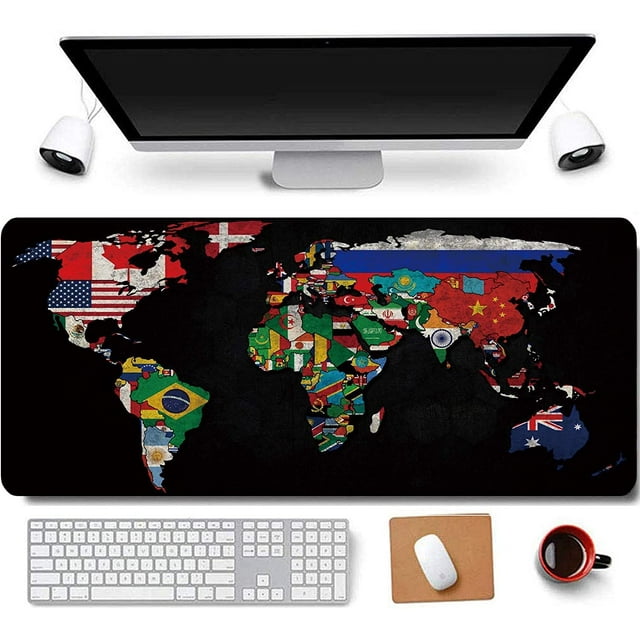 31.5x11.8 Inch Black World Flag Map Long Extended Large Gaming Mouse Pad with Stitched Edges Computer Keyboard Mouse Mat Desk Pad