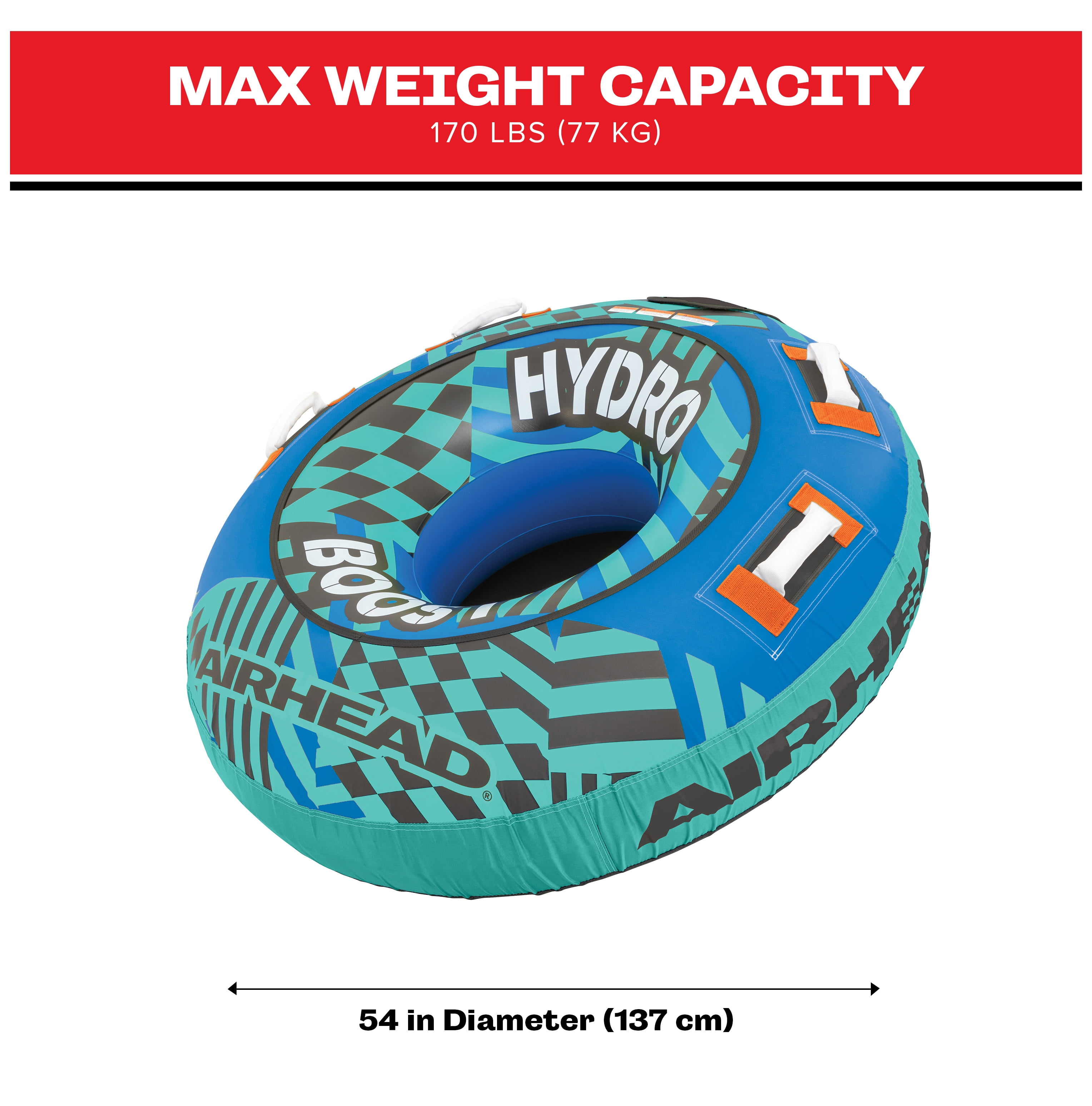 Airhead Hydro Boost 1 Person Nylon Towable Tube, 54" Deflated Size, Max Capacity 170 lbs