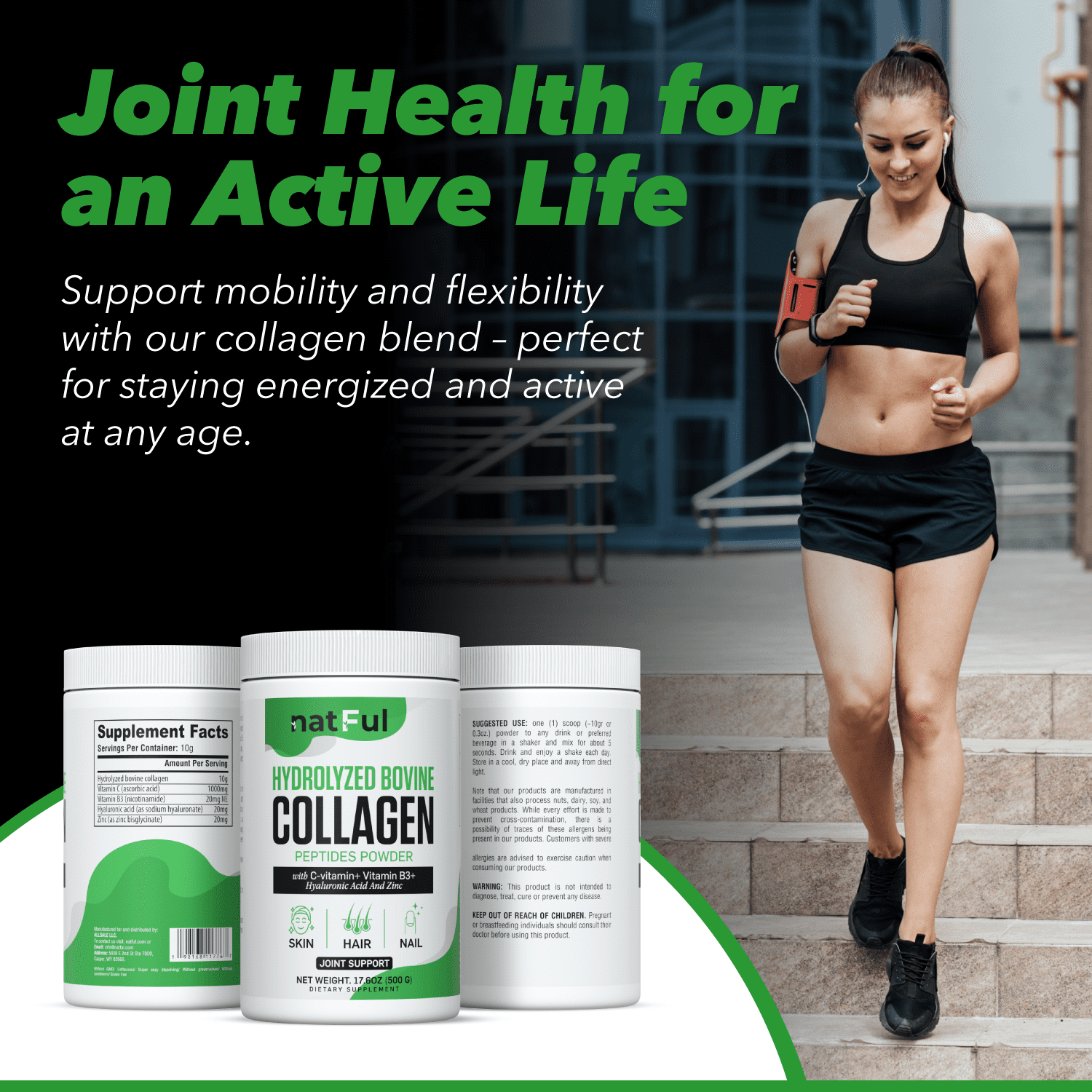 Natful Hydrolyzed Bovine Collagen Peptides Powder with Vitamin C, B3, Hyaluronic Acid, and Zinc - 45 Count