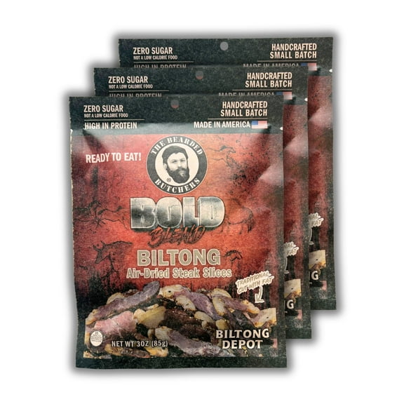 Bearded Butchers Bold Blend Biltong with Fat, 3 oz Pack of 3 – Air-Dried Beef Snack, High Protein, Zero Sugar, Gluten-Free, 39g of Protein per Pack