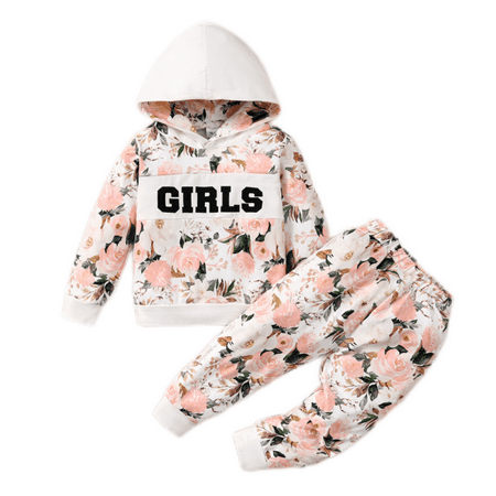 

KIMI BEAR Toddler Baby Girls Pants Outfits 2T Toddler Girls Fall Winter Clothes 3T Girls Sweet Letter Print Floral Long Sleeve Hoodie Pants 2PCs Set Apricot