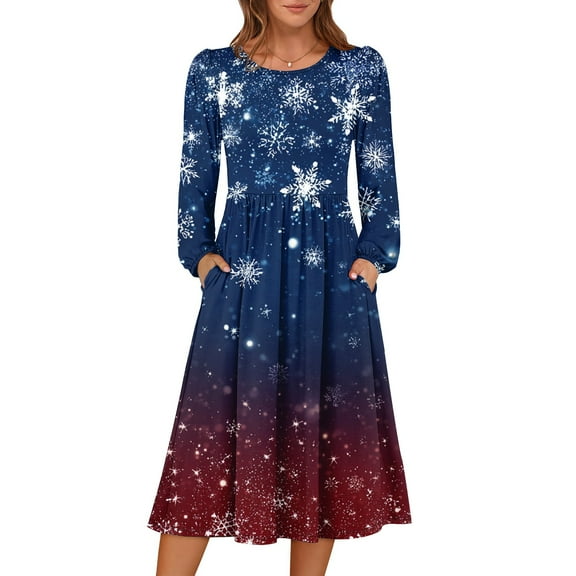 Women's Christmas Printed Fashionable Loose Round-Neck Dress, Holiday Print, Casual Wear, Retro Style, Comfort Fit, Everyday Dress, Festive,Light Blue,M