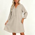 thumbnail image 4 of TEAJOPSUU Women's Midi Dresses Cotton Blend Loose Fit V Neck Button Placket Long Sleeve Dresses with Pockets Casual Solid Color Dresses Khaki, 4 of 7