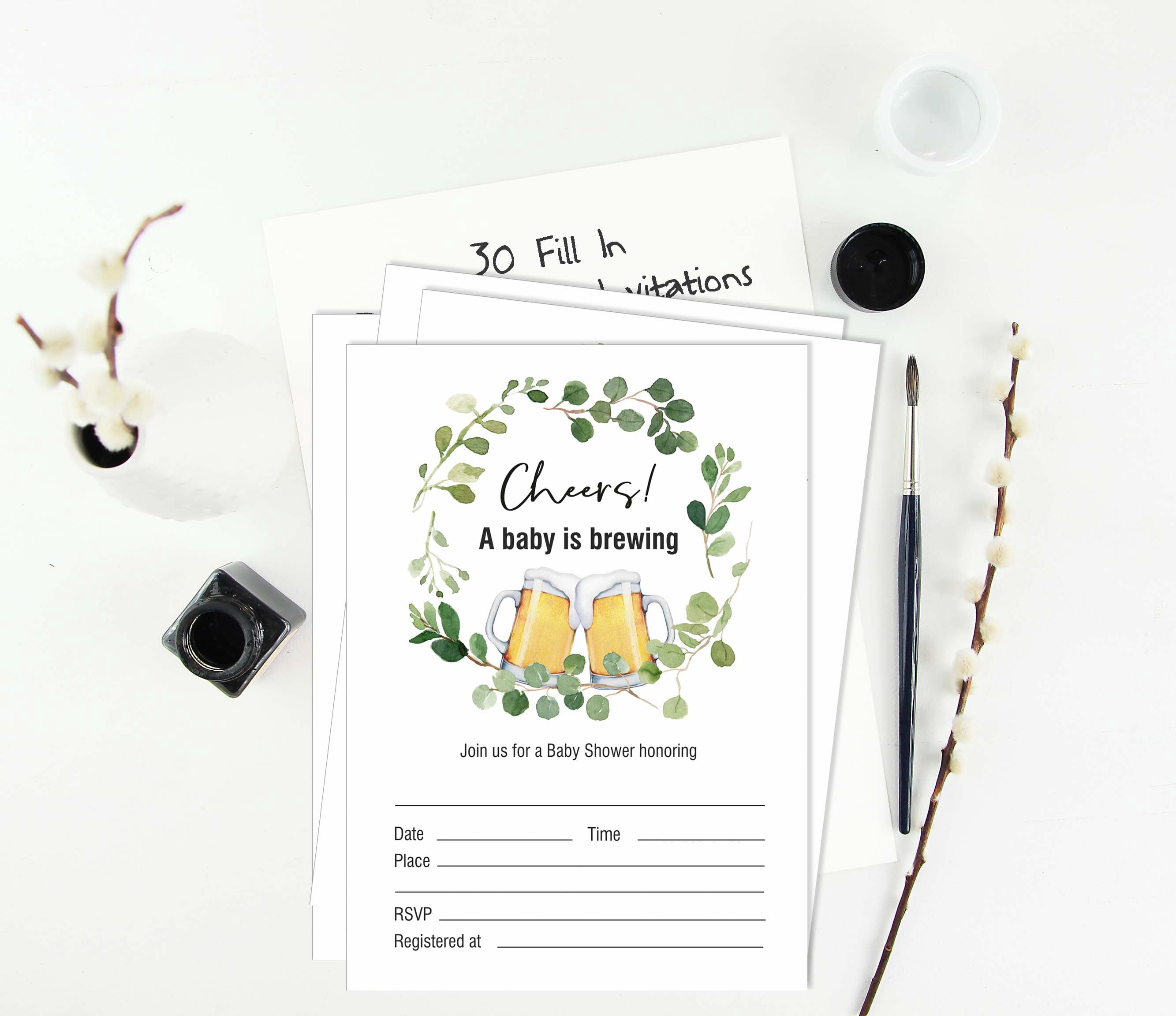 Inkdotpot 30A Baby is Brewing Gender Neutral Baby Shower Invitation Cards Cheers Fill In Blank Invites