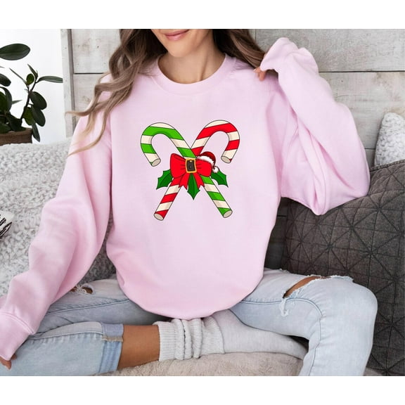 Winter Occasion Candy Cane Pink Bow Coquette Sweatshirt | Candy Cane Sweatshirt | Pink Bow Winter Occasion Sweater | Candy Cane Lover Sweatshirt | S, Full size S-5XL