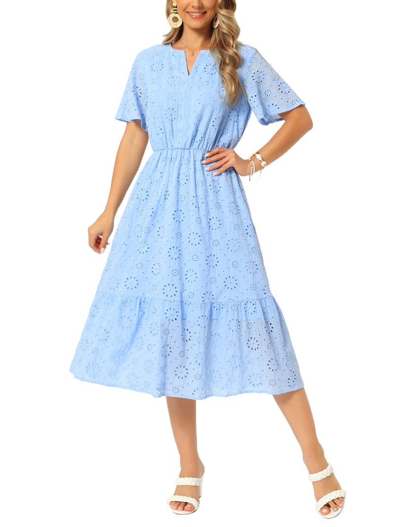 blue eyelet dress Sky Blue Floral Eyelet Sleeveless Cotton Maxi Dress main image 1