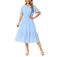 thumbnail image 2 of INSPIRE CHIC Edition Women's Lace Eyelet Dresses Summer Notched Neck Short Sleeve A Line Flowy Beach Midi Dress S Sky Blue, 2 of 6