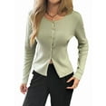 thumbnail image 2 of Women'S Vacation Button Cardigan Long Sleeve Knit Top Business Casual Round Neck Slim Fit Jacket Shirt Green M, 2 of 8