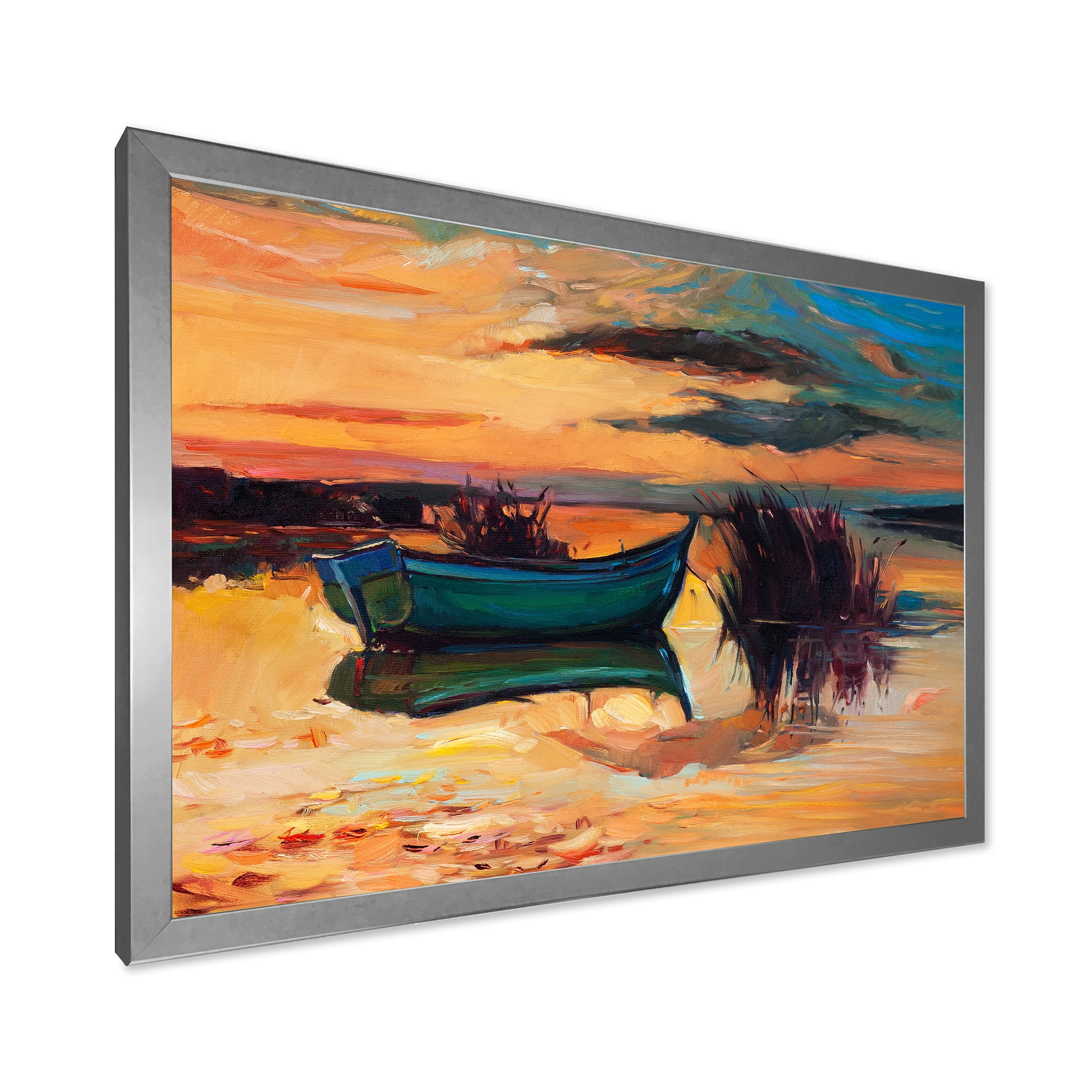 Boat At The Lake During Evening Glow I 32 in x 24 in Framed Painting Canvas Art Print, by Designart