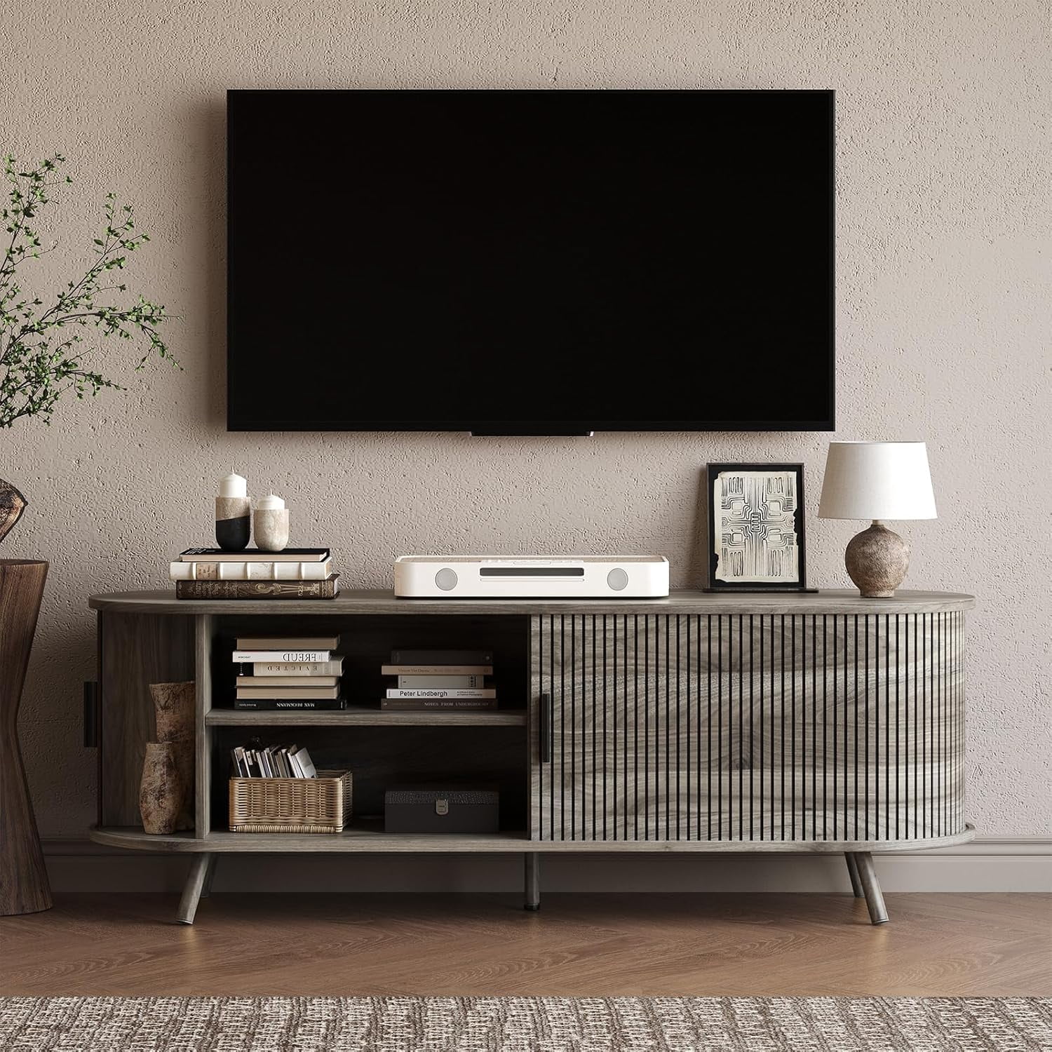 55" TV Stand with Power Outlet, Modern Media Console with Sliding Doors, Entertainment Center for TVs up to 60 Inch, Adjustable Shelves, Grey