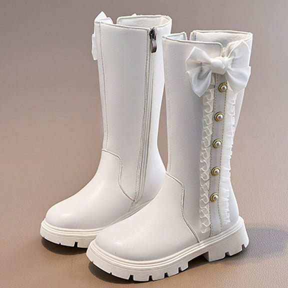 Spazoro Girls Knee High Boots, Bow & Pearl Decor Side Zipper Leather Chunky Sole Long Boot Shoes for Girls White