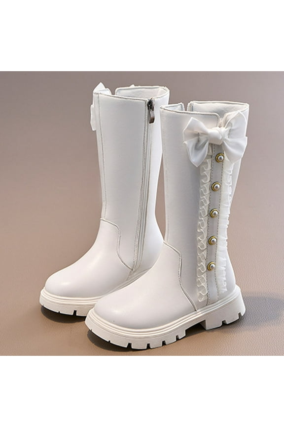 Girls Knee High Boots, Leather Bow & Pearl Decor Chunky Sole Side Zipper Long Boot Shoes for Girls White