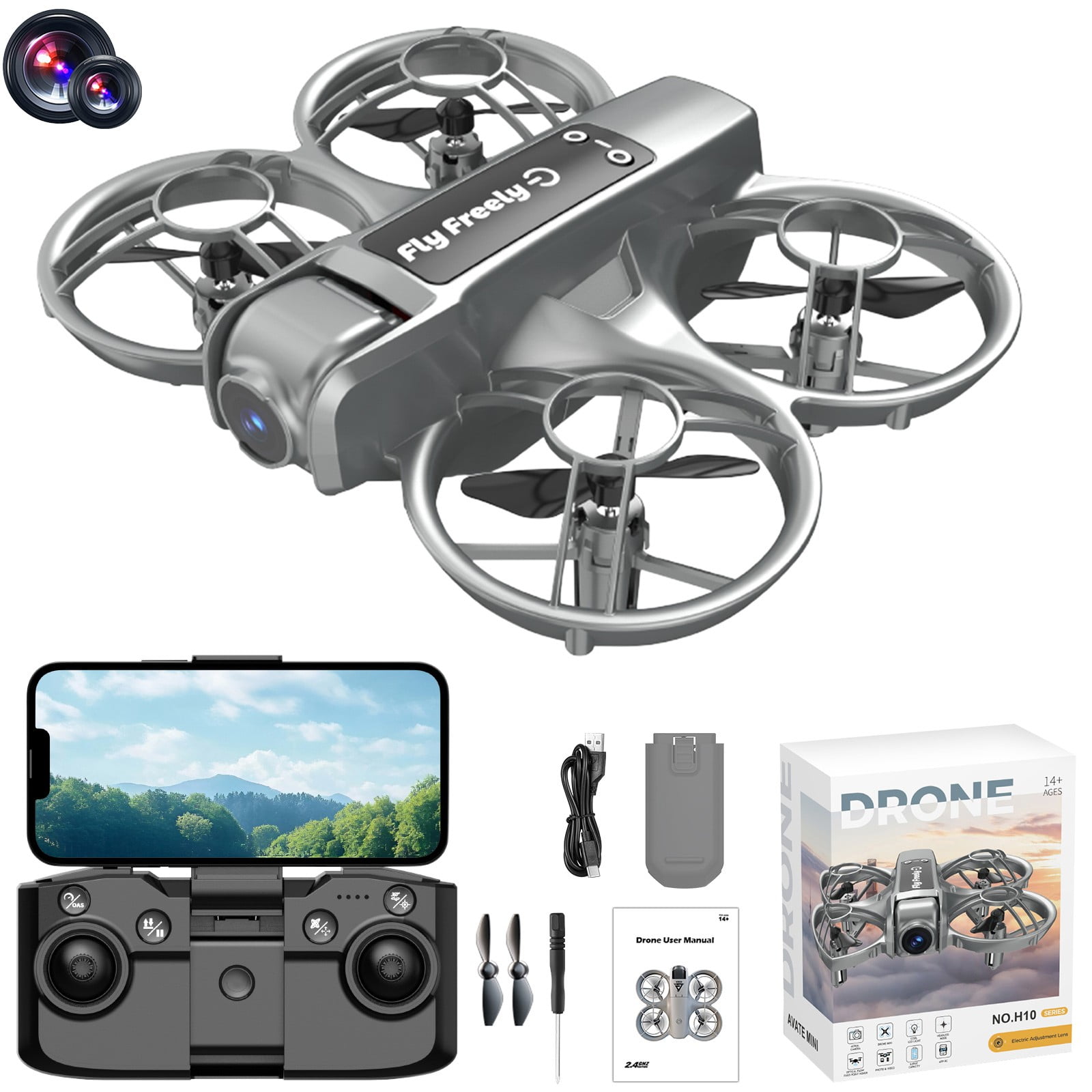 Leodye 1PCS Dual-camera RC Drone Toy Altitude Hold Headless Mode Speed Adjustment Design Boys Holiday Gift Accessory -5.51x4.52x1.96in