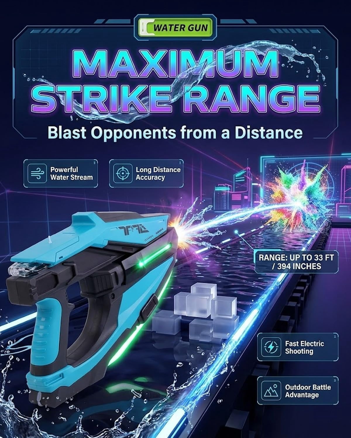 Electric Water Gun with LED & Mist Effects, Rechargeable Automatic Water Blaster with Futuristic Axe Design, Large Capacity Tank, Long Shooting Blasts for Pool, Beach