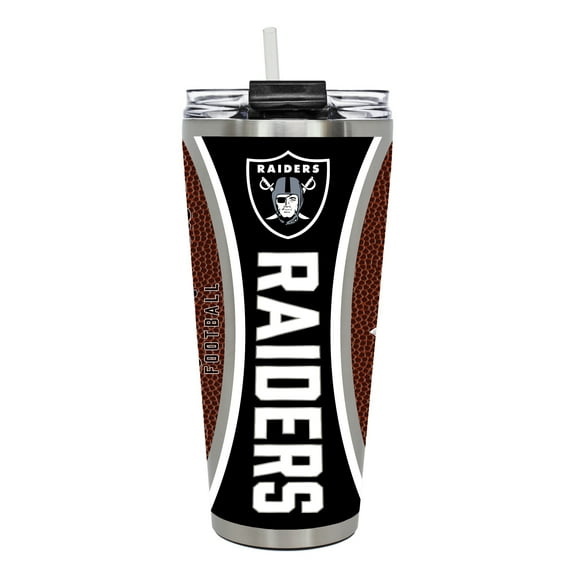 Las Vegas Raiders 32 ounce vacuum insulated stainless steel tumbler with Gameball graphic