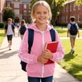 thumbnail image 7 of Girls Loose Fit Zip Front Hooded Jacket, Decorative Ribbon Bows Drawstring Hood Sweatshirt, Cozy Solid Color Outerwear Pink 8-9Years, 7 of 7