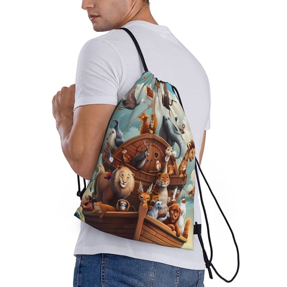 Ratiio Animal Filled Noahs Ark Print Drawstring Backpack Bag Sport Gym Sackpack Heavy Duty String Backpack for Men Women