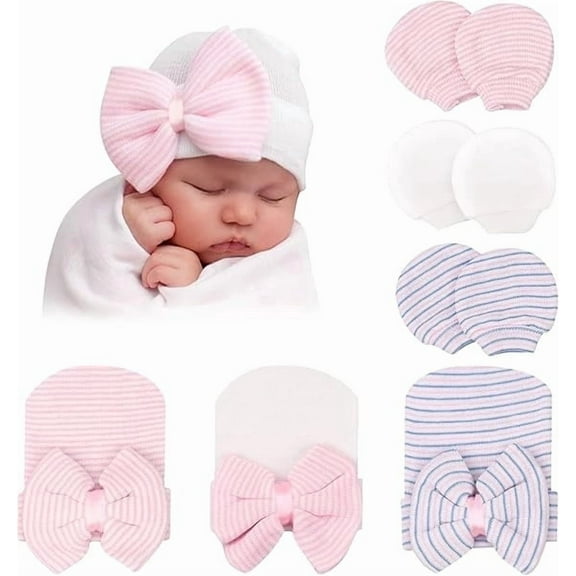 Newborn Hospital Hat and Mittens Infant Baby Beanie Soft Cotton Cute Knot Nursery Cap for 0-6
