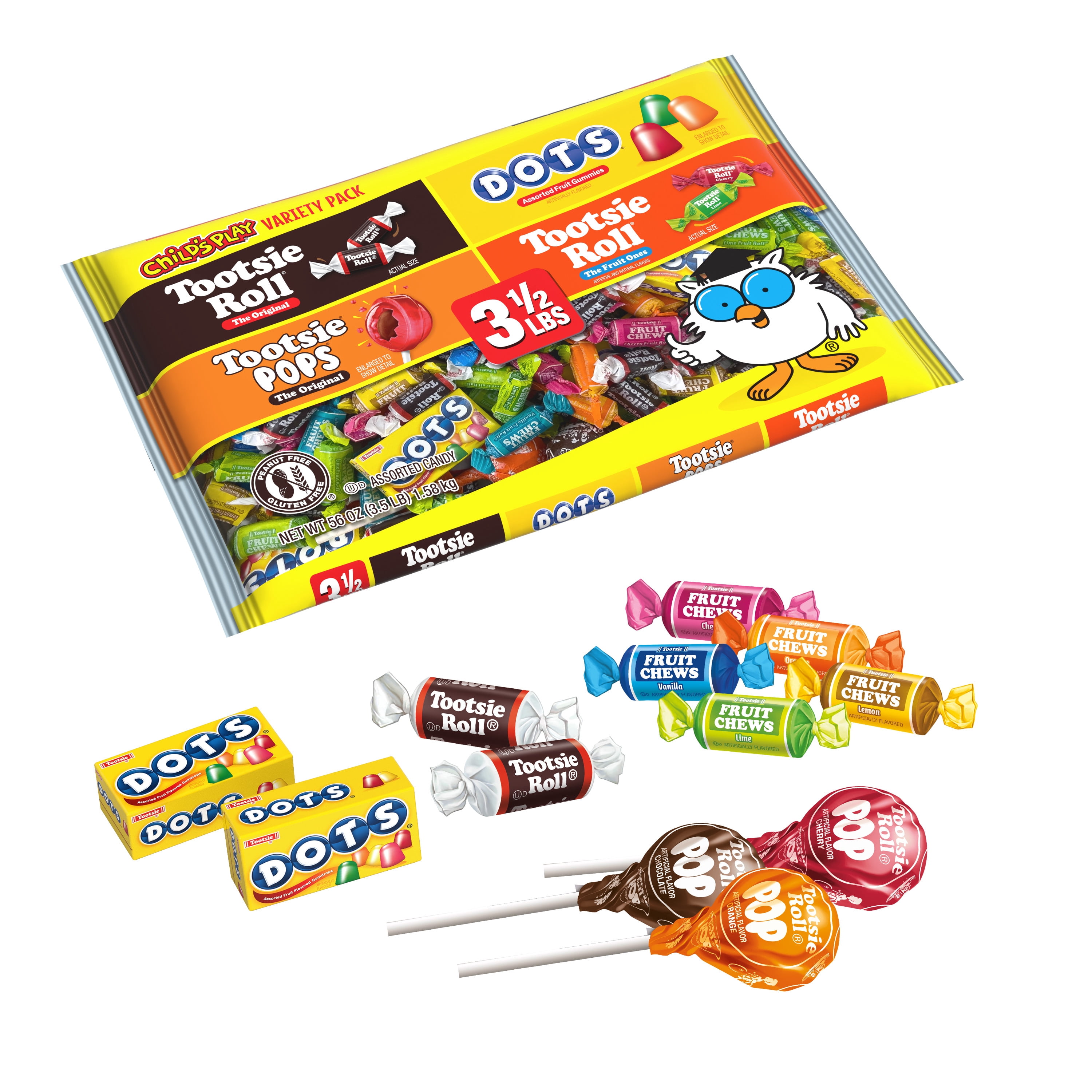 Tootsie Child's Play, Assorted Candy, 56 oz. Individually Wrapped, Peanut Free, Gluten Free, Contains Milk.