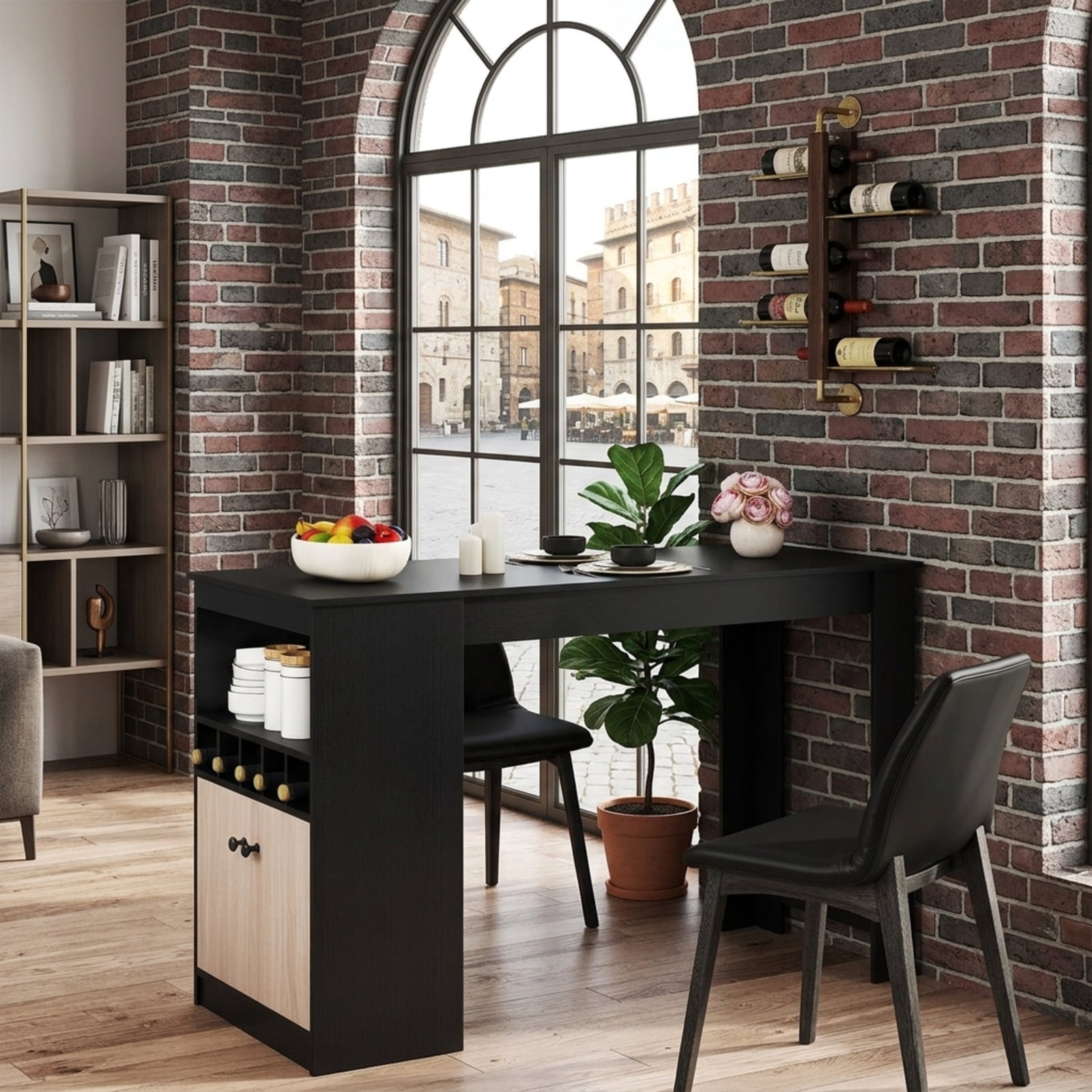 Furnibear 48 Inch Bar Table with Storage Cabinet and Wine Rack for Kitchen Dining Bar Bistro Pub Home Counter Height, Black