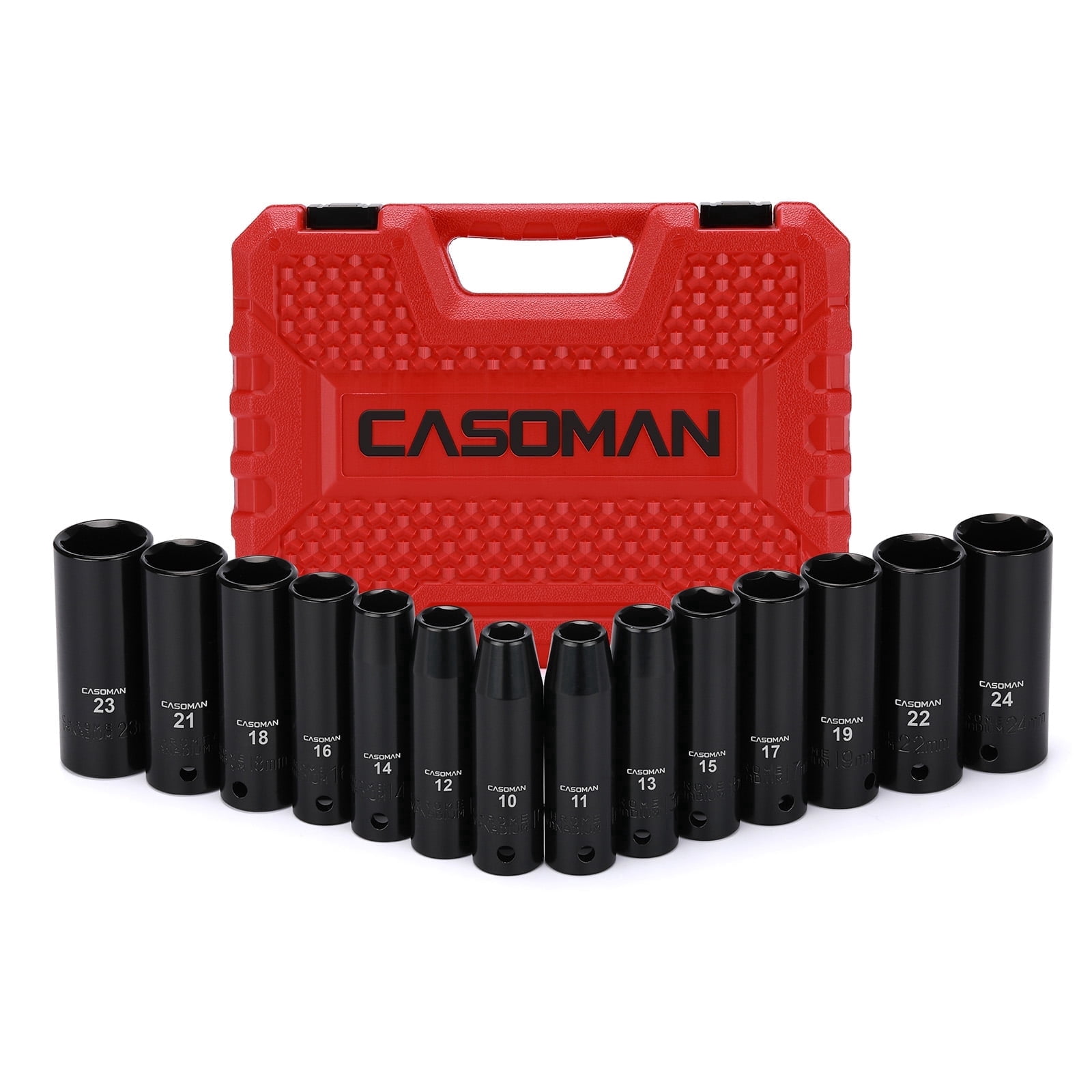 CASOMAN 14-Piece 1/2-inch Drive Deep Impact Socket Set, Metric, Cr-V Steel, 6-Point, 10mm-24mm