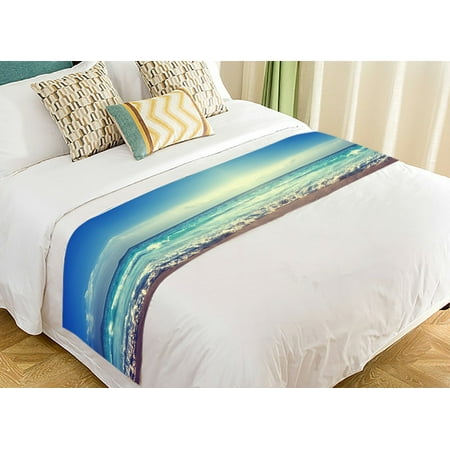 GCKG Ocean Wave Bed Runner, Seychelles Beach in Sunset Time, Navy Blue White Bed Runners Scarves Bed Decoration 20x95 inch
