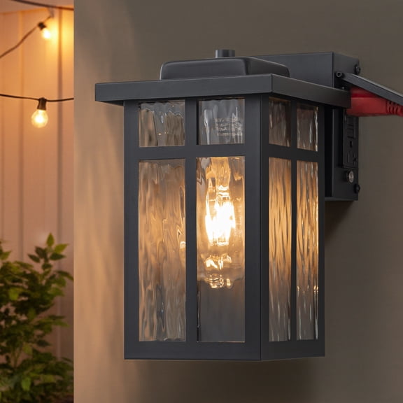 C Cattleya 10inch Black Outdoor Wall Lantern with Water Glass Shade and GFCI Outlet