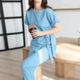 thumbnail image 4 of Birdeem Printemps et Été Femmes Élégant Bandage Uni Décontracté Manches Courtes Col Rond Blouses Hauts Ensembles Pantalons Longs, 4 of 12