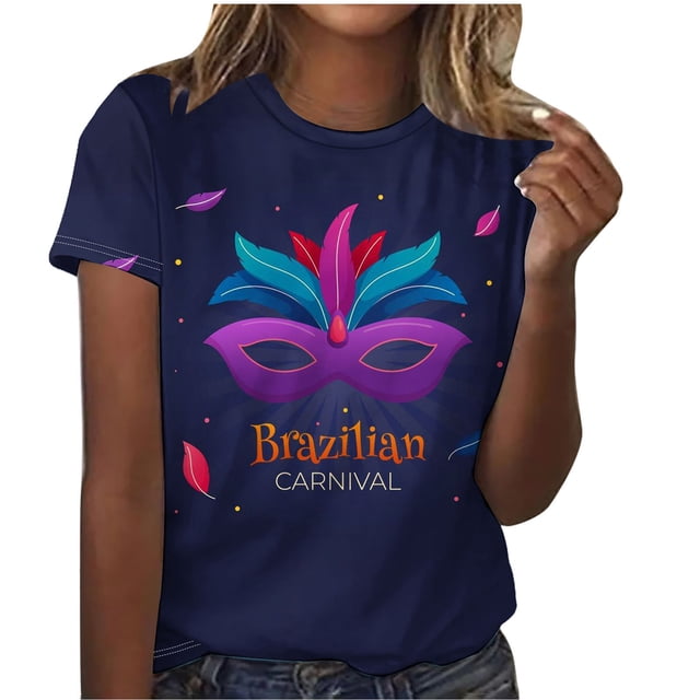 Pntutb T-Shirts à Manches Courtes pour Femmes Liquidation Mardi Gras Mode Femmes Décontracté Imprimé Manches Courtes Col Rond Chandail Blouse T-Shirt Hauts Rabais