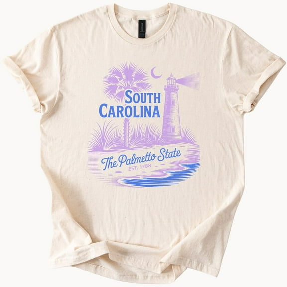 Kiraa Tee with South Carolina Graphic T Shirt Lighthouse Palmetto State Est 1788 Palm Tree Moon Coastal Beach Scene Soft Comfort Tee Birthday Gifts; For Men & Women