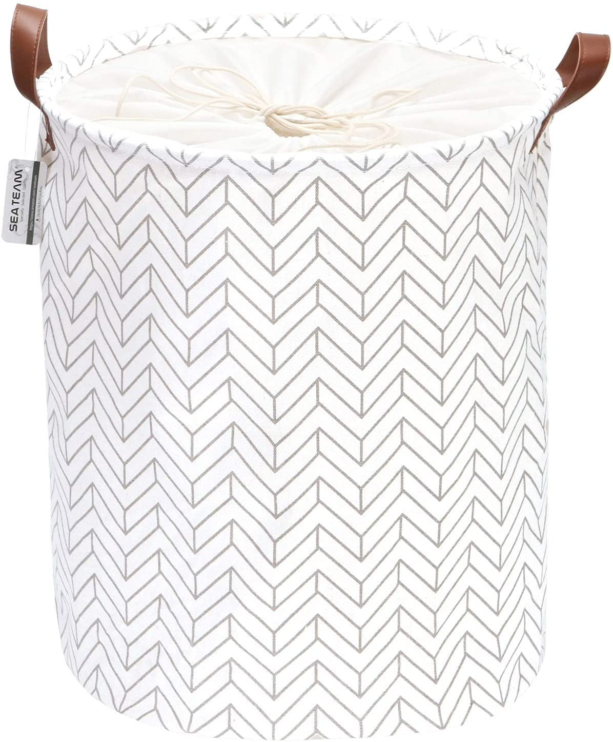 17.7 by 13.8 inches Sea Team Geometry Pattern Laundry Hamper Canvas Fabric Laundry Basket Collapsible Storage Bin with PU Leather Handles and Drawstring Closure Grey Waterproof Inner 