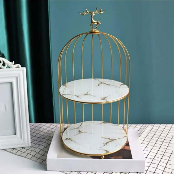 bird of metal Cage Makeup Organizer Products Cupcake Stand Jewelry Trinket Tray Vanity Tray Cosmetic Rack for Bathroom Dresser , 2 Tier White