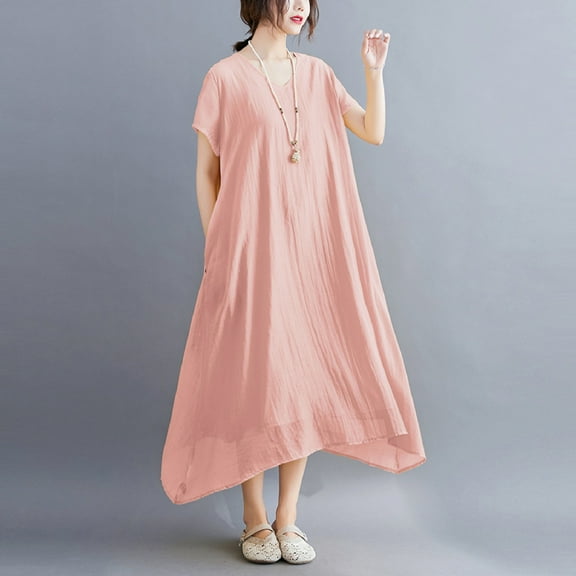 Taylonsss Womens Casual Dress V Neck Short Sleeve Silky-Like Solid Color Relaxed Fit Everyday Wear