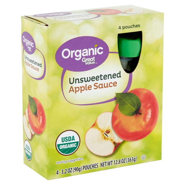 Great Value Organic Unsweetened Apple Sauce, 4 Pouches 3.2 oz., Net