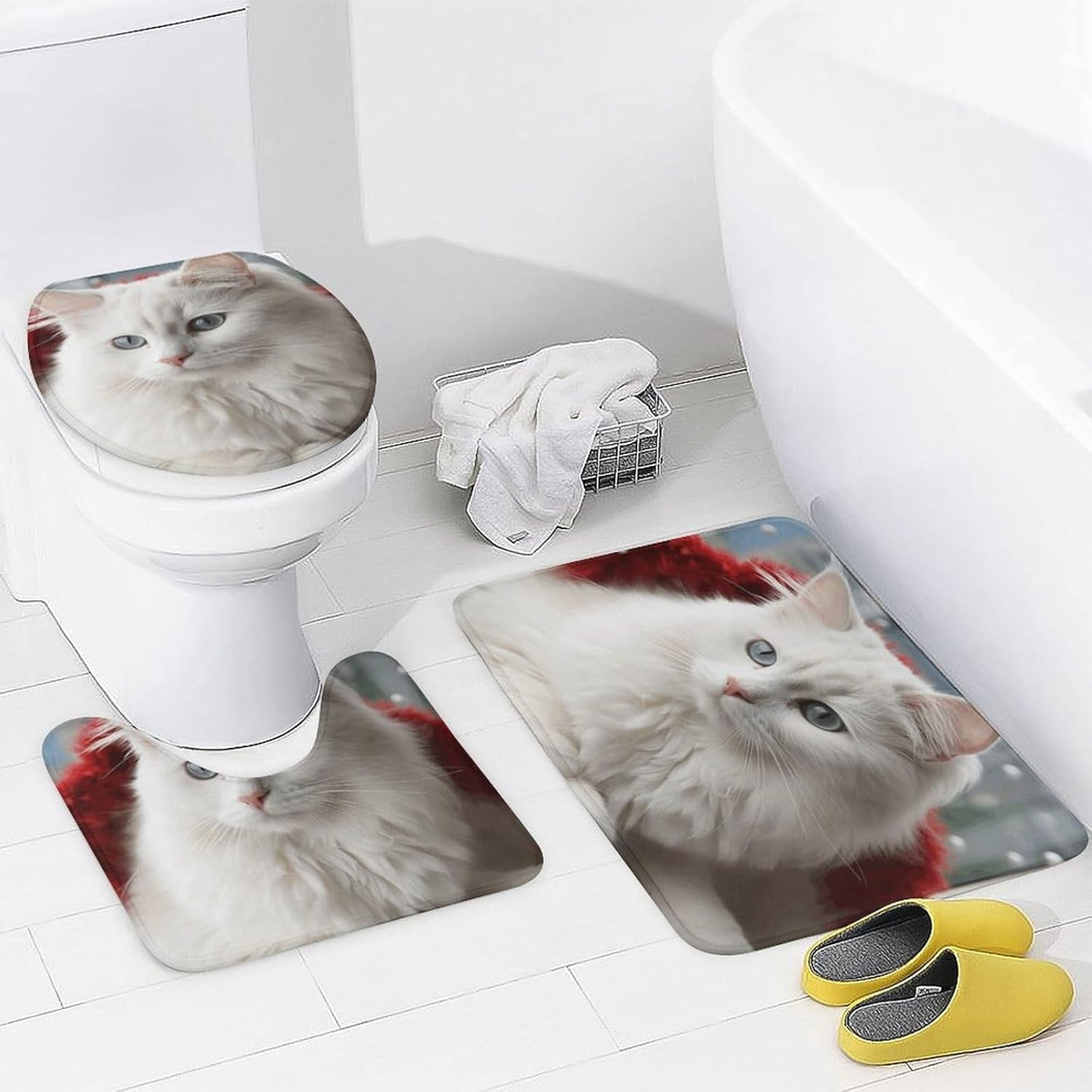 Bathroom Set,Cute White Cat Print Bathroom Rug Set,Bath Rug Set 4 Piece,Modern Shower Curtain Set with Shower Curtainand 12 Hooks, Style